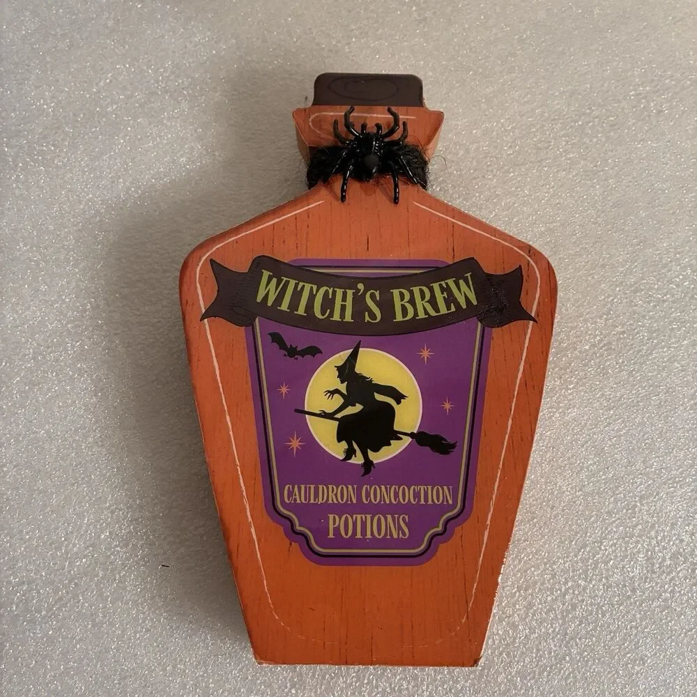 Halloween Jack-O-Lantern On Frame Stripes & Witch’s Brew Wood Potion Bottle